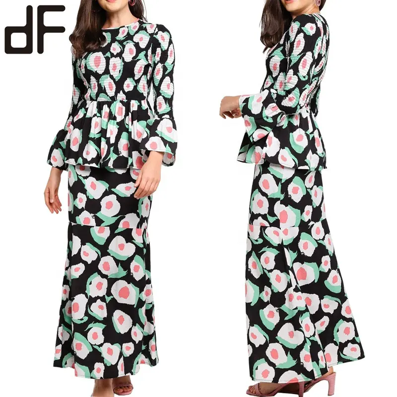 OEM ذاتية الصنع ملابس إسلامية فستان طويل جودة عالية فستان مكشكش بلوزة البوتيك مع تنورة حورية البحر باجو كورونج