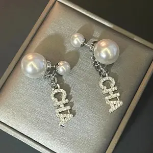 Luxury Designer Jewelry Large Pearl Letter C Long Tassel Earrings Shiny Full Rhinestone Women Earrings Stainless Accessories