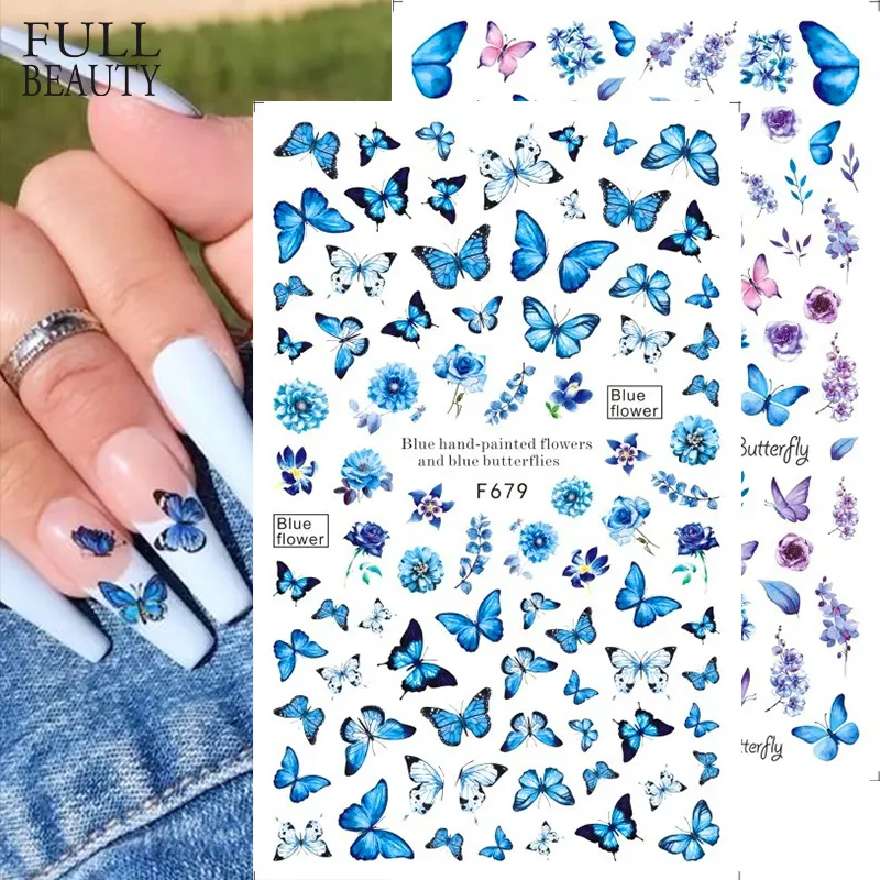 Full Beauty Butterflies Nails Art Manicure Stickers Blue Black Decals Spring Theme Flowers Nail Decoration Manicure