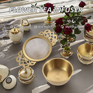 Infuseur à thé en acier inoxydable 304 VADELA, réutilisable, couleur argent or, moderne, poli, forme de fleur, poignée, filtre à mailles, en stock - Product Image 2