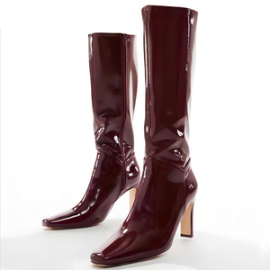 Bottines longues à talons épais et bout carré pour femmes, taille 46, en cuir verni brillant, avec fermeture éclair latérale, design unique - Product Image 4