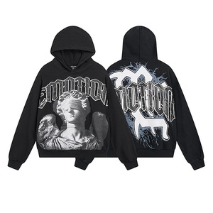 Felpa con Cappuccio Vintage Stile Streetwear Y2K da Uomo, Design Pesante con Graffiti Retrò MIXED EMOTION in Cotone - Product Image 1