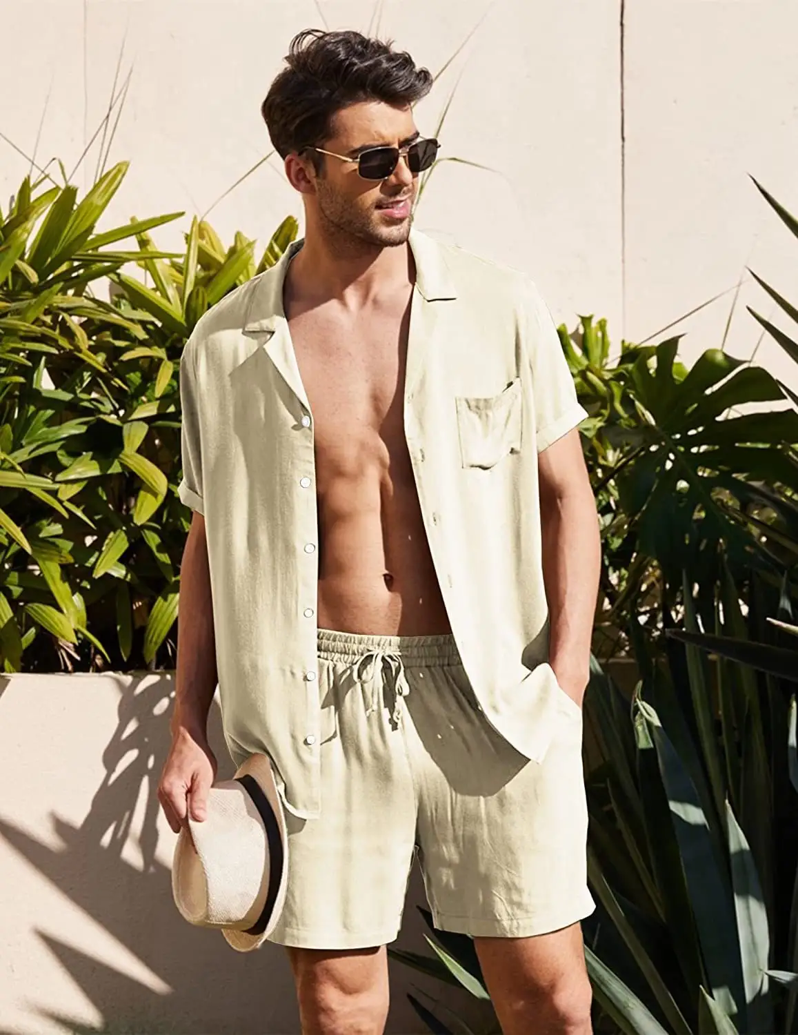Men's high quality Linen short sleeve shirt suit linen summer loose casual cotton shirt shorts