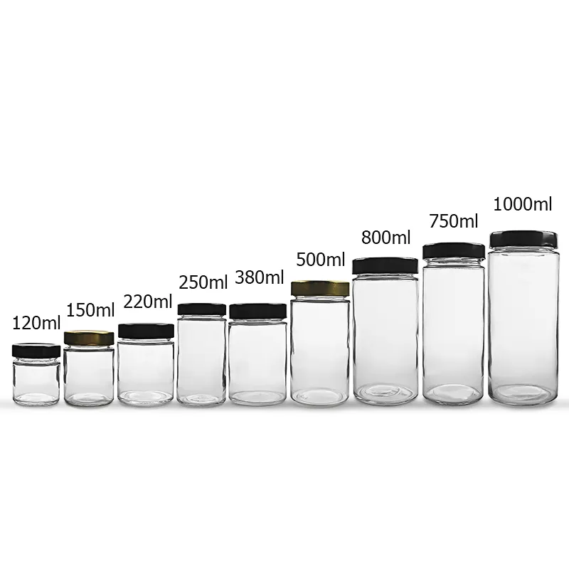 Penyimpanan Makanan 120Ml-1000Ml Lurus Bundar Kaca Bening Selai Madu Rempah Jar dengan Tutup Dalam