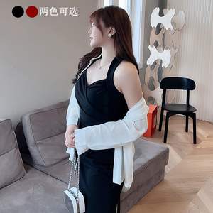 Vestido Camisero Runqi N8425 con Cuello Halter, Color Sólido, Cintura Ajustada, para Fiestas, Casual, Negro y Rojo - Product Image 3