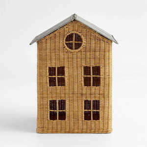 Coffre à jouets en osier écologique – Bac de rangement en forme de maison avec toit gris – Panier de jeu portable pour enfants - Product Image 6