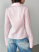Chemisier à rayures à manches longues pour femmes, chemise sexy à col en V, coupe ajustée, rose, à la mode, chemisiers pour femmes à séchage rapide avec bouton à l'avant