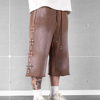 Shorts Capri Longs 3/4 en Coton Délavé Personnalisé Style Streetwear, Imprimé Vintage Effet Usé, Grande Taille, pour Hommes