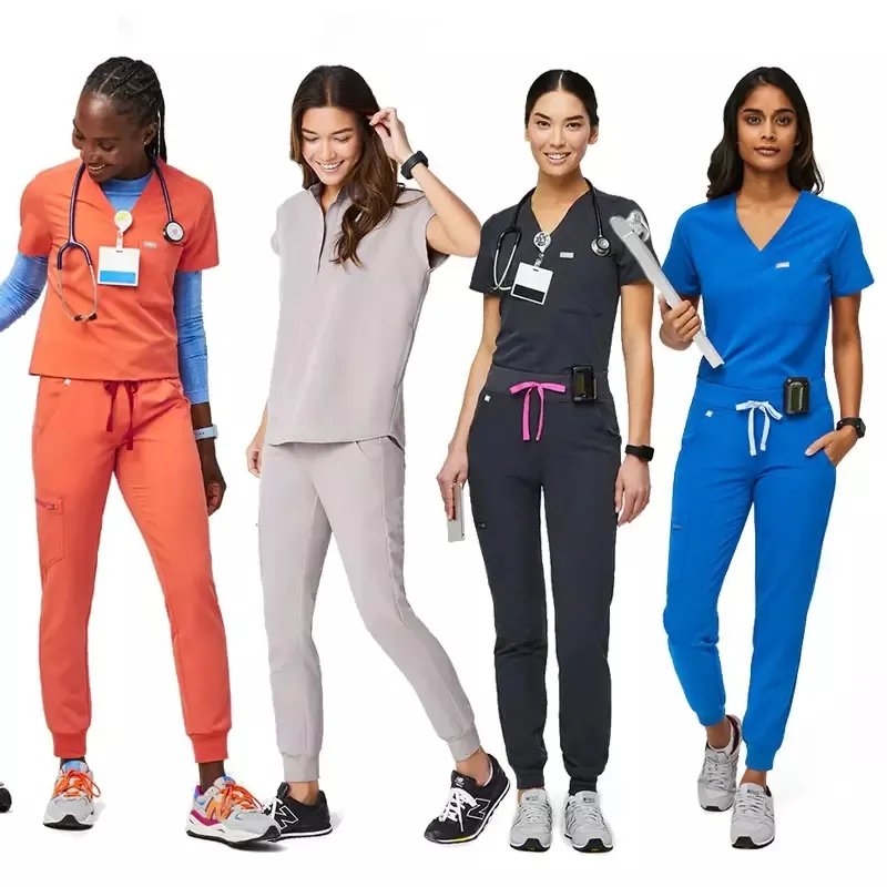 Personalizado enfermeira uniformes 4 way stretch spandex mulheres scrubs hospital uniformes médicos scrubs moda scrubs uniformes conjuntos