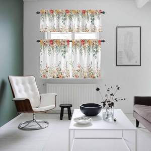 Ensemble de rideaux et cantonnières de cuisine à motifs floraux printaniers, style ferme, feuilles d'eucalyptus, rideaux de fenêtre à volants, 3 pièces - Product Image 3
