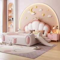 Prinzessinnen-Stil Kinderbett mit Rutsche, Kronen-Muschel-Kopfteil, Vollständigem Schutzgeländer, Weich Gepolstertes Kinderbettgestell für Schlafzimmer-Dekoration