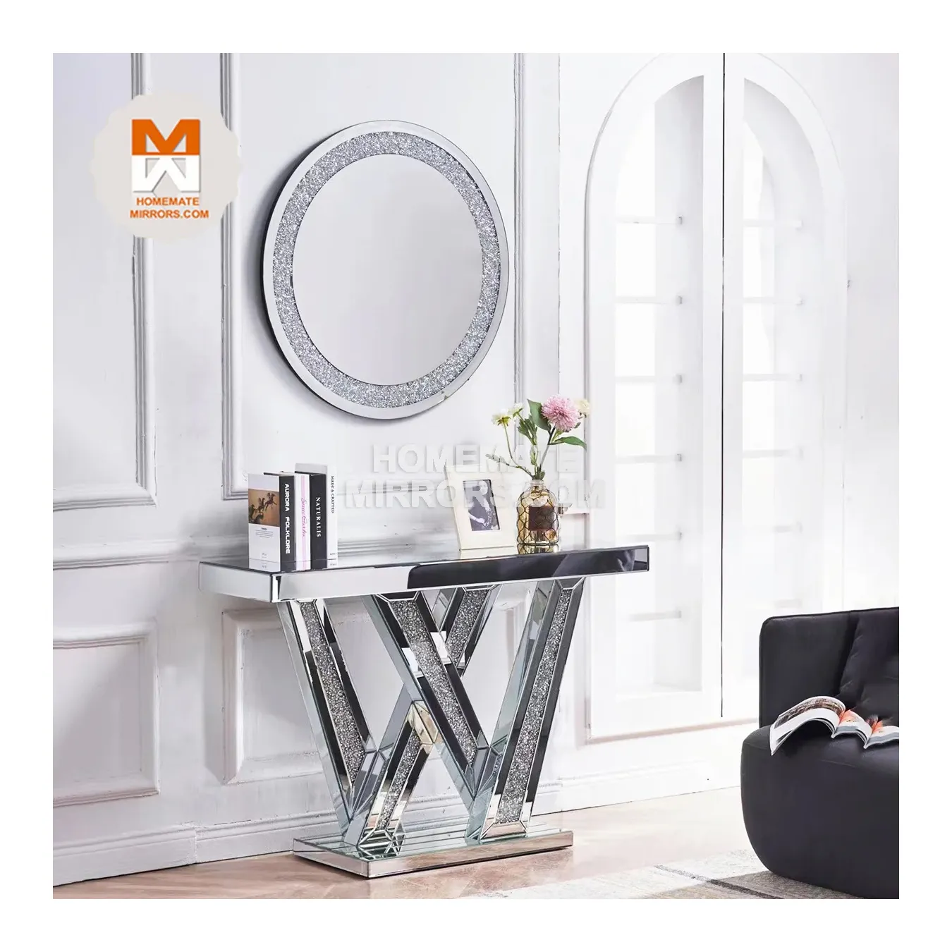 Table console en verre à miroir moderne avec miroir mural Faux cristal diamants écrasés avec LED pour salon