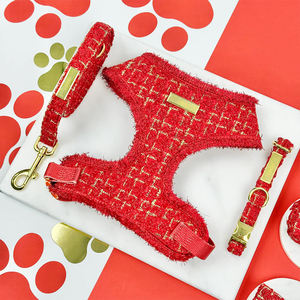 VPETBR Luxury Textured Tweed Adjustable Neck Harness Soft <strong>Dog</strong> Harness <strong>Red</strong> Set Bow Tie Poop Bag <strong>Collar</strong> and Leash Set - Product Image 1
