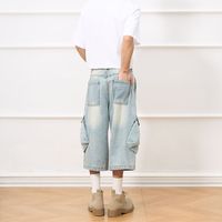 Short trois-quarts en denim uni rétro américain pour hommes Jeans de travail baggy décontractés à jambes larges unisexe lavage moyen pour l'été