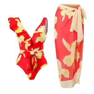 2023 New Women Printed Swimsuit Cover Up Ruffle Strap One Pieces Bathing Suit Floral Swimwear Beachwear
