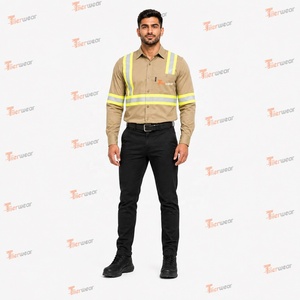 Chemise de travail à manches longues en coton kaki pour homme avec bandes réfléchissantes, antibactérienne et respirante, coupe-vent - Product Image 2
