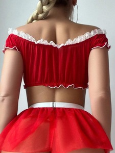 Ensemble de lingerie sexy en dentelle tissée, style demoiselle d'honneur, à épaules dénudées avec nœud, semi-transparent, à effet de maintien léger, pour jeu de rôle séduisant - Product Image 6
