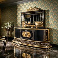 Elegantes Schwarz-Gold Luxus Antik Esszimmer-Set Französisch Geschnitztes Holz Sideboard Spiegelschrank KD Villa Wohnmöbel