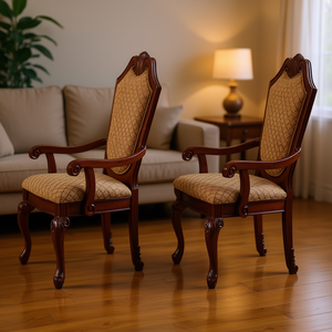 Fauteuils classiques en bois de cerisier avec dossier arqué, revêtement beige, ensemble de meubles traditionnels pour salon, lot de 2 - Product Image 2