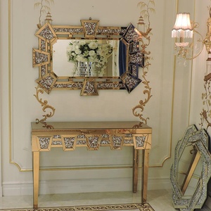 Consolle di Lusso Guanlong con <span class=keywords><strong>Specchio</strong></span> Dorato, Tavolo da <span class=keywords><strong>Ingresso</strong></span> in Vetro Lucido e <span class=keywords><strong>Specchio</strong></span> Decorativo da Parete per Soggiorno - Product Image 6
