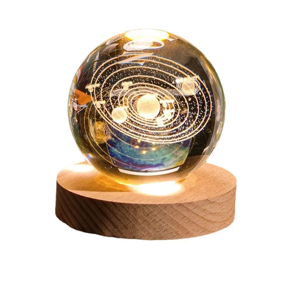 Ornamento de mesa arte bola de cristal solar lâmpada noturna 3d gravado a laser luminosa galáxia bola de luz noturna de cristal