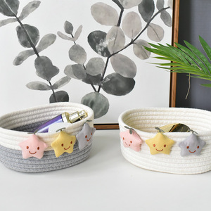Woven Storage Basket Round White And Gray Handmade Desktop Organizer For Keys Remote <b>Control</b> Small Size - Product Image 4