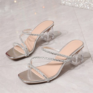 2025 Summer Women's Silver Crystal Decorated Transparent Chunky Heel High Heels <b>Sandals</b> Ankle Strap Outdoor Anti-Slip - Product Image 4