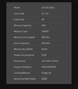 Fabricantes <span class=keywords><strong>Geforce</strong></span> <span class=keywords><strong>GT610</strong></span> 2GB GDDR3 PC Tarjeta de video Kartu Grafis <span class=keywords><strong>GT610</strong></span> Tarjeta gráfica de escritorio de un solo ventilador de 64 bits Tarjeta VGA - Product Image 4