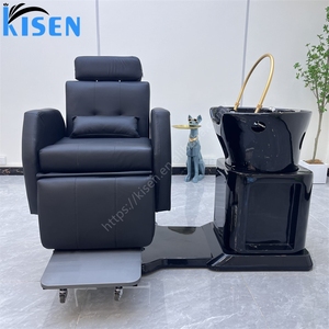 Station de lavage de cheveux KISEN, lavabo en céramique noire brillante intégré, fauteuil inclinable électrique, accoudoirs entièrement rembourrés, revêtement PU imperméable. - Product Image 5