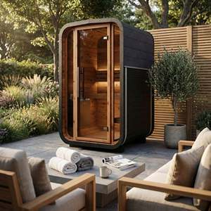 ساونا بالأشعة تحت الحمراء لشخصين للاستخدام التجاري، مصنوعة من خشب التنوب المعدل حراريًا مع واجهة زجاجية للفنادق والمنتجعات الصحية - Product Image 1