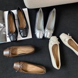 Usine en gros plat ballet argent louche lumière bouche arc tête carrée semelle souple chaussures simples sans lacet femmes appartements - Product Image 1
