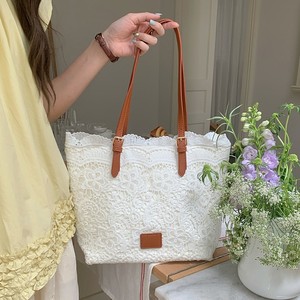 Lace Tote <b>Bag</b> Women's Large Capacity Casual Shoulder <b>Bag</b> Khaki White Magnetic Buckle Zippered Pocket <b>Summer</b> 2025 - Product Image 3