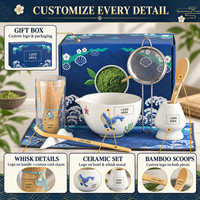 Ensemble de thé matcha Blue Whale personnalisé de 8 à 4 pièces avec bol en céramique peint à la main, style Japandi, ensemble cadeau portable pour les amateurs de thé débutants