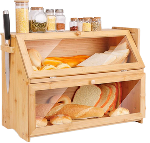 Boîte à pain en bambou à double couche avec couvercle à charnière et fenêtre transparente, conteneur de rangement alimentaire à 2 niveaux pour comptoir de cuisine - Product Image 2