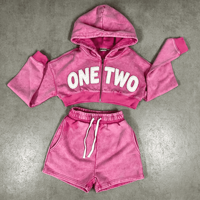 Ensemble de survêtement personnalisé brodé pour femme, effet délavé, comprenant un sweat à capuche zippé et un short de jogging