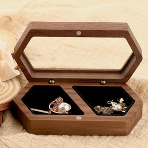 Wooden Black Walnut Jewelry Box Hexagon Shape 14x6x8cm Elegant <b>Storage</b> Display For <b>Rings</b> Necklaces Wedding Engagement - Product Image 2