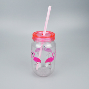 Plastic <b>Mason</b> <b>Jar</b> 550ml <b>With</b> Handle And <b>Straw</b> For Beverage Packaging Party Use - Product Image 2
