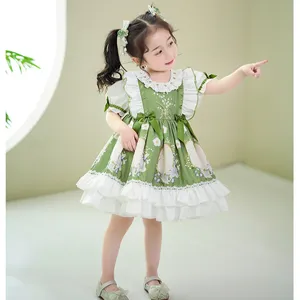 2023 Summer New Arrival Infant Baby Girls Green Flower Dresses Lolita Princess Vintage Dress Party Clothing Boutiques