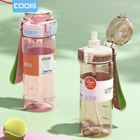 Bouteille d'eau en Tritan écologique Bouteilles en plastique noir transparent coloré pour adultes avec corde et paille Bouteille d'eau réutilisable
