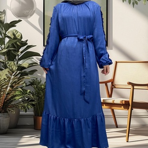 9.9 Popular Dress Rose Satin Material Crew Neck Elastic Cuff Pleated Dress Classy Muslim <b>Islamic</b> Women Abaya Dress 6582# - Product Image 6