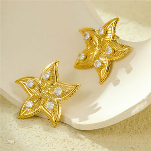 Boucles d'oreilles minimalistes <span class=keywords><strong>en</strong></span> acier inoxydable plaqué or 18 carats avec motif étoile de <span class=keywords><strong>mer</strong></span> et feuille, clous sertis de zircon pour femme - Product Image 2