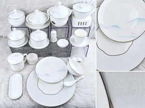 ชุดอาหารค่ำลายภูมิทัศน์สีฟ้าอ่อน 45% ทำจากเซรามิกเนื้อละเอียดคุณภาพสูง ขอบทองลายนูน สำหรับโรงแรม งานแต่งงาน งานเลี้ยง ร้านอาหาร - Product Image 2