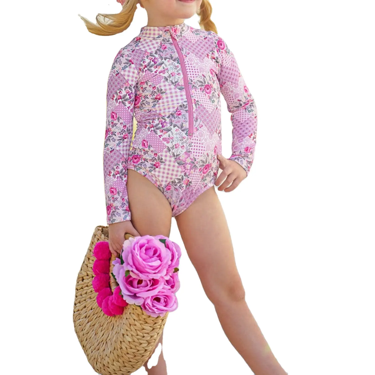 Anti-UV einteiliger Sommer-Badeanzug lange Ärmel und einen hohen Hals niedliches Mädchen Bademode Strandbekleidung