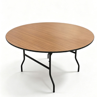 Table de banquet pliante en contreplaqué à grain de bois rond, pieds en fer noir pliables, pour mariage, hôtel, événement, fête, restaurant