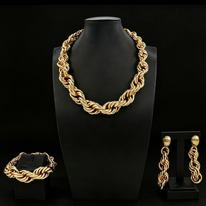 Yulaili New Dubai Gold Plated 3Pcs Jewelry Set <strong>Chunky</strong> Braided Twist Link Necklace Earrings Bracelet for Women Wedding Party - Product Image 3