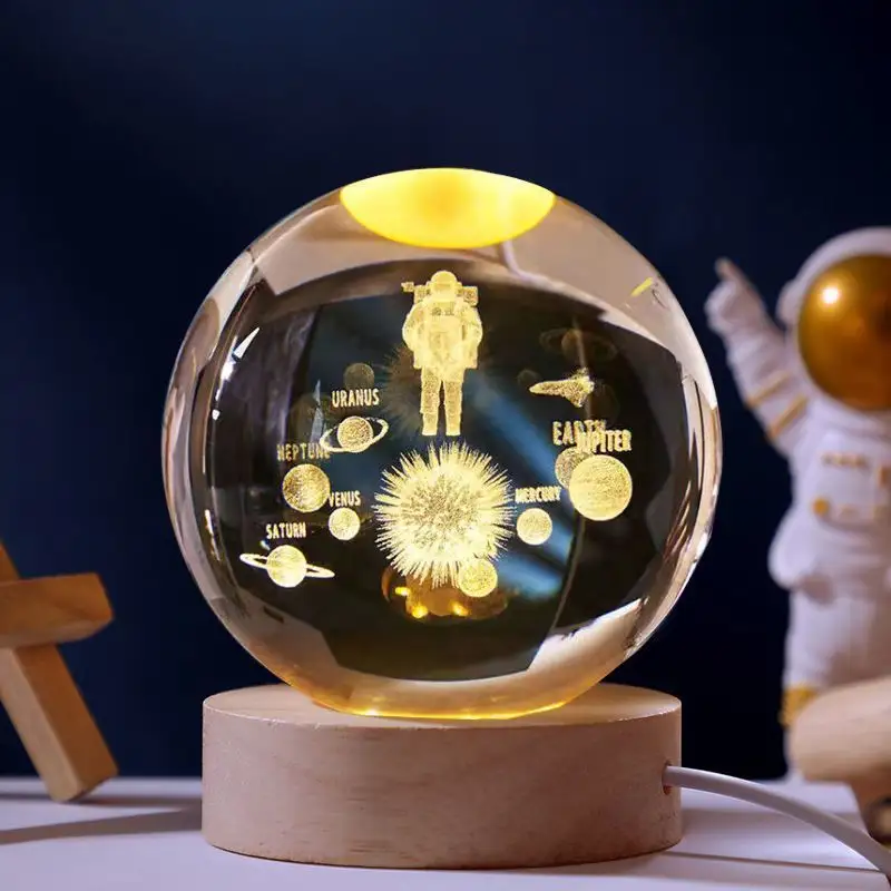 Bola de cristal regalo de cumpleaños decoración sólida Sistema Solar Luna base de madera redonda lámpara de escritorio blanca cálida luz de noche