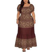 Robe longue maxi jaune à motif tribal pour femme, grande taille, avec logo personnalisé, col carré, manches courtes bouffantes et volants superposés