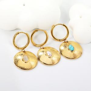 European Vintage Jewelry Wholesale Stainless Steel <b>Earrings</b> Charms <b>Gold</b> <b>Plated</b> Turquoise Pearl Opal Coin <b>Hoop</b> <b>Earrings</b> for Women - Product Image 4