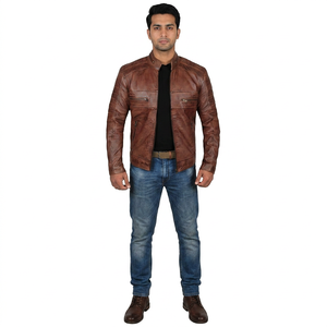 New Brown Genuine Leather Men's Motorcycle Jacket Vintage Distressed Style Breathable Autumn Collection - Product Image 1