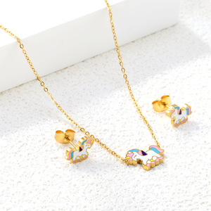 Ensemble de bijoux papillon et licorne en acier inoxydable pour filles, cadeau, collier et boucles d'oreilles tendance, style enfant - Product Image 3